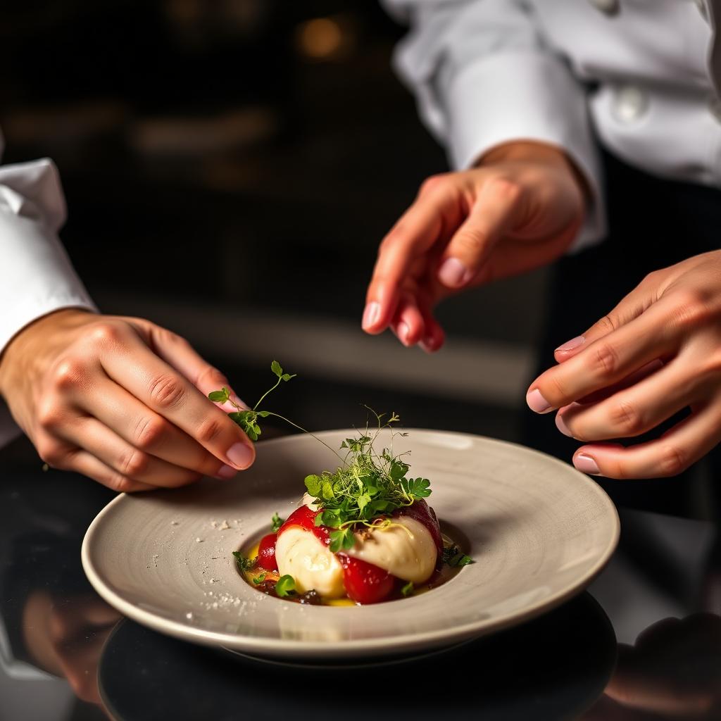 Chefkoch garniert ein Gericht mit Microgreens